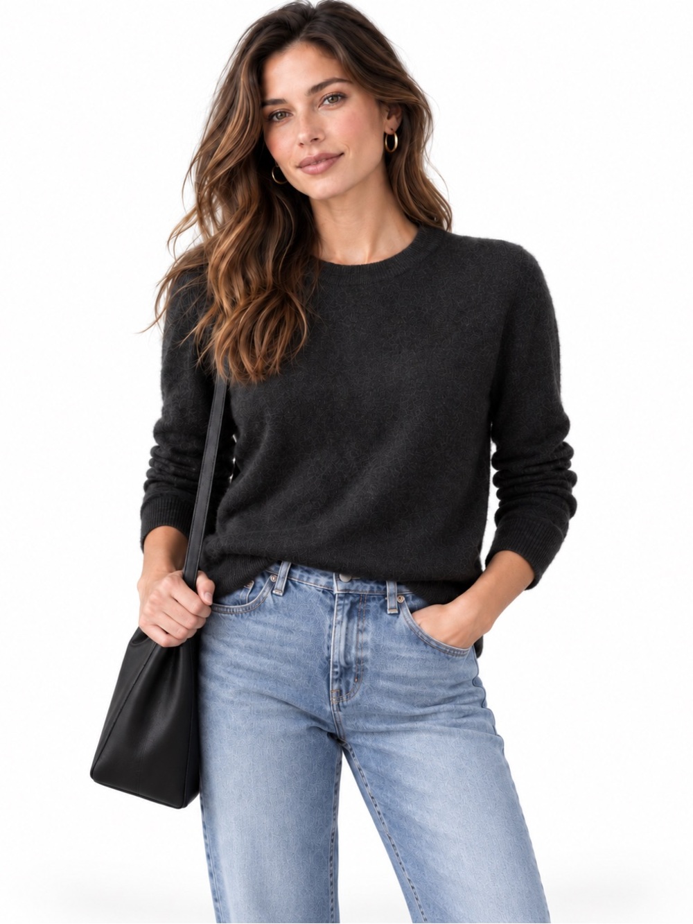 Halogen Black 100% Cashmere Crewneck Sweater Basic Capsule Luxury Everyday